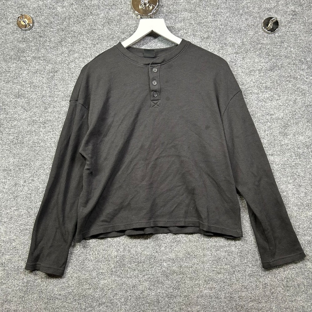 Cotton On Henley Shirt Men Black Thermal Waffle Knit Long Sleeve Classic - Small